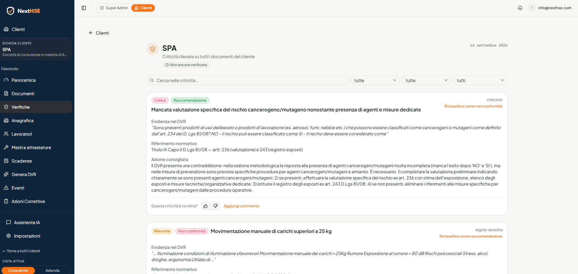 NextHSE — Verifiche cliente
